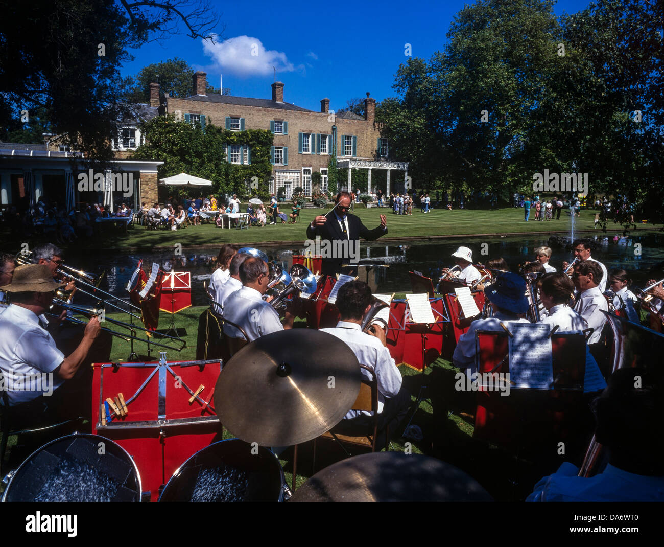 A  brass band playing at the Abbots Ripton Hall Garden and Food show. Huntingdonshire, Cambs Stock Photo