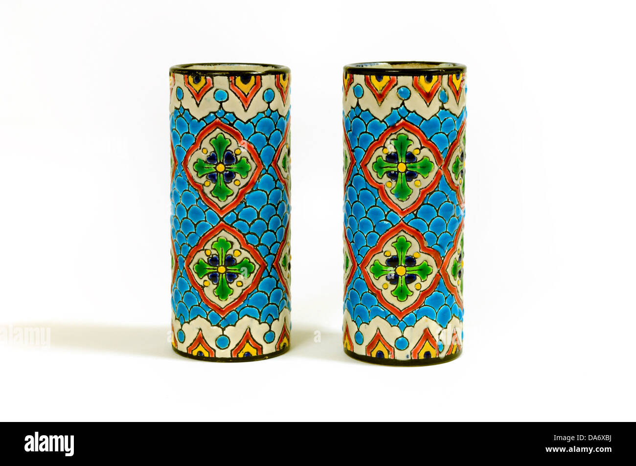 A pair of small cylindrical faience 'spill' vases by Jules Vieillard, France, in the style of Longwy Stock Photo