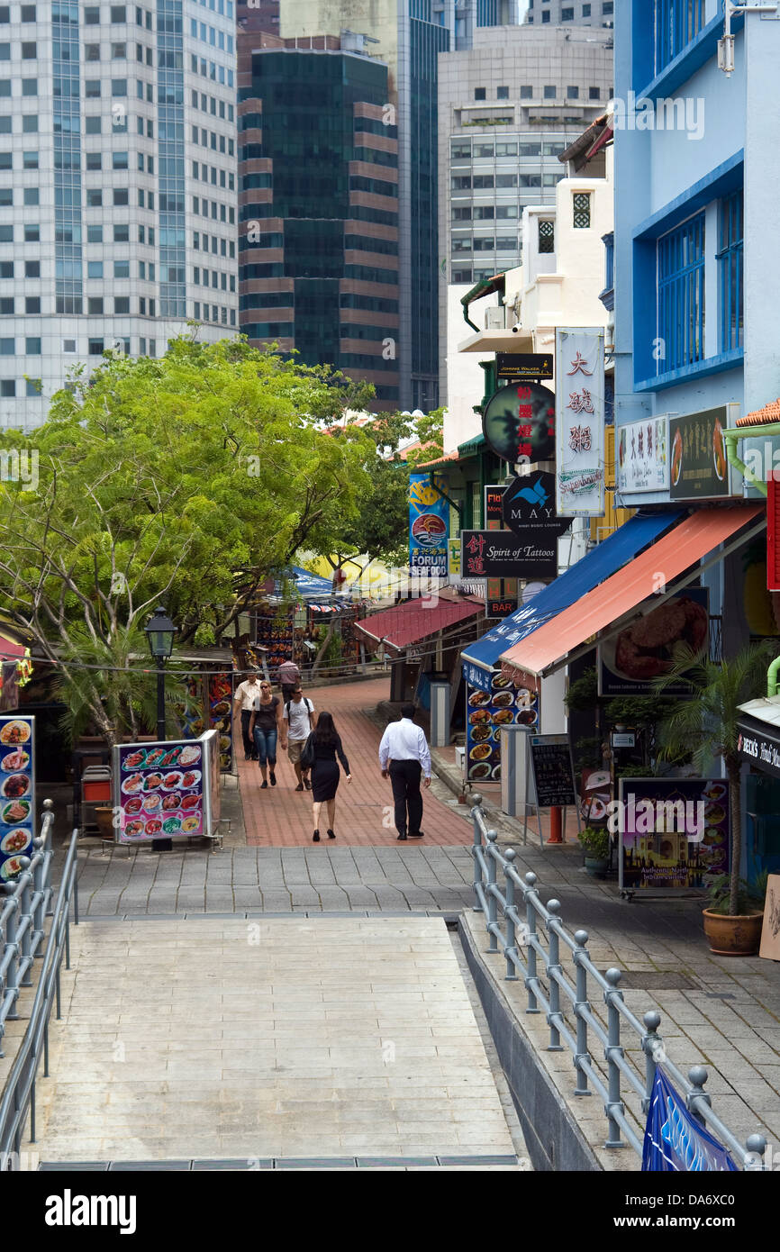 Asia,Singapore,Singapore City,Boat Quay,walkway by Singapore river,Shops,Food centre Stock Photo