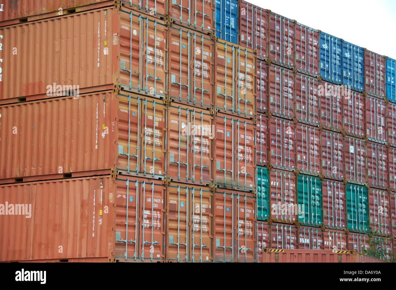 Shipping containers stacked in Tauranga (New Zealand). Stock Photo