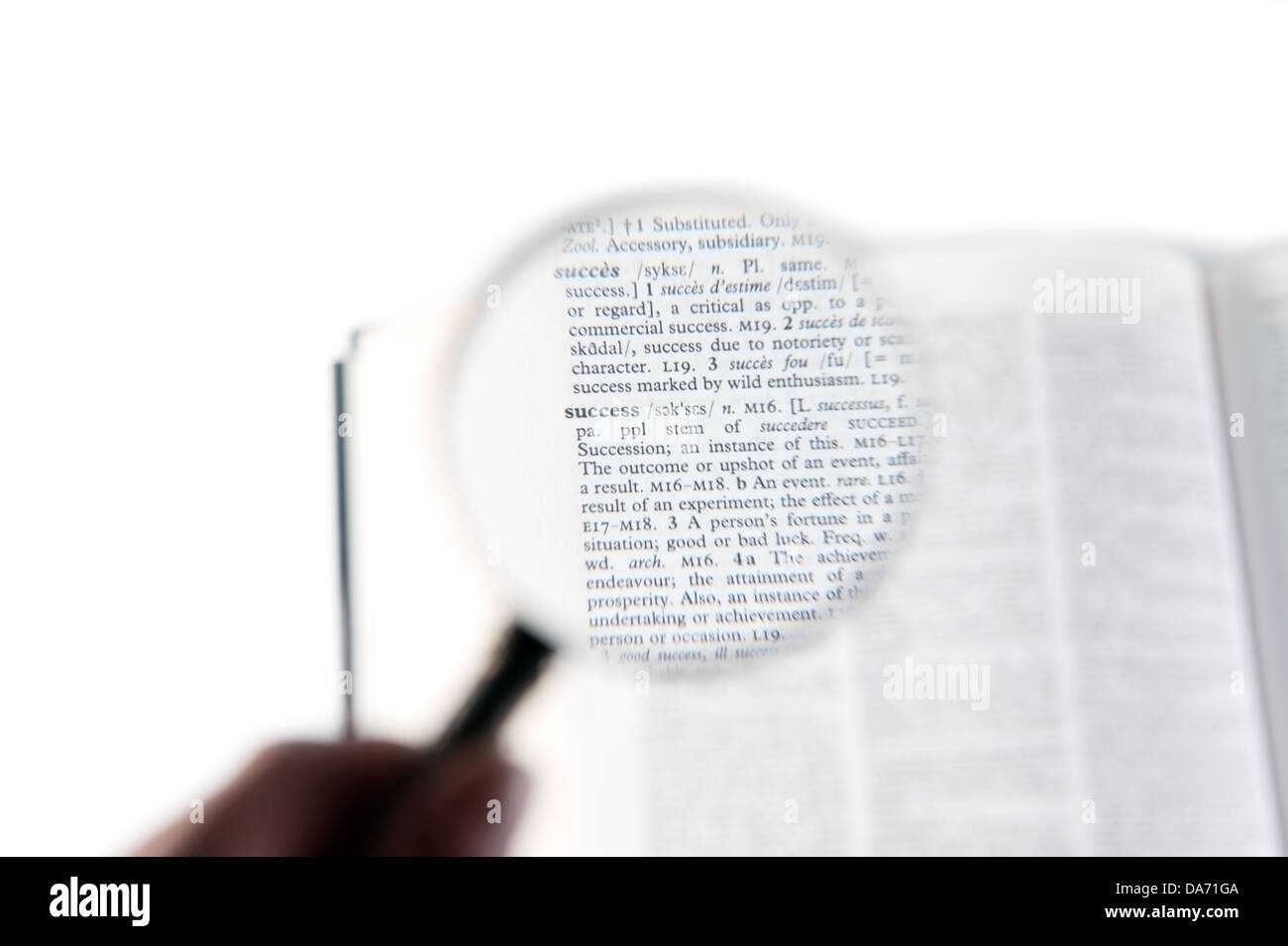A magnifying glass on the word success on a dictionary Stock Photo