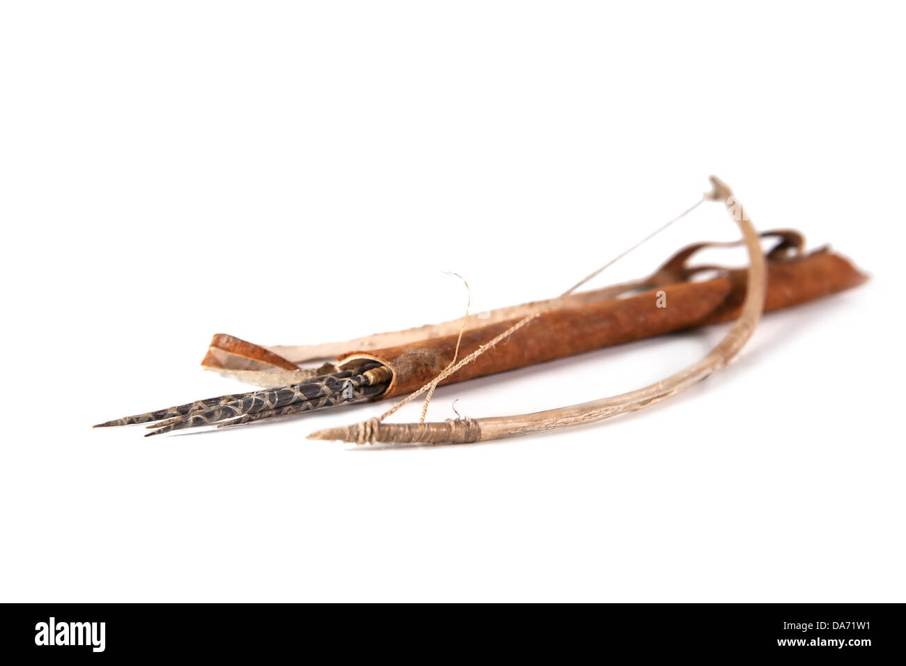 Old decorative bow, quiver and arrow on the white background Stock Photo
