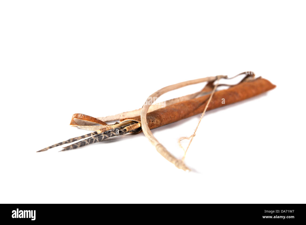 Old decorative bow, quiver and arrow on the white background Stock