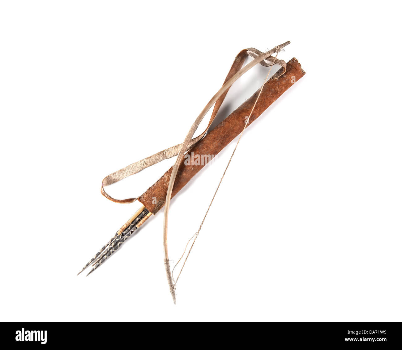 Old decorative bow, quiver and arrow on the white background Stock Photo