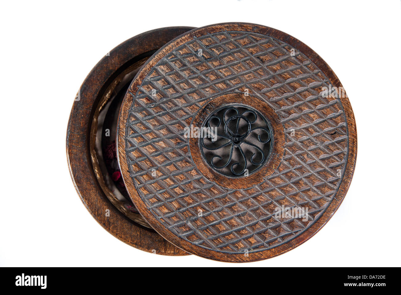 Cover of the vintage round wooden decorative case Stock Photo Alamy