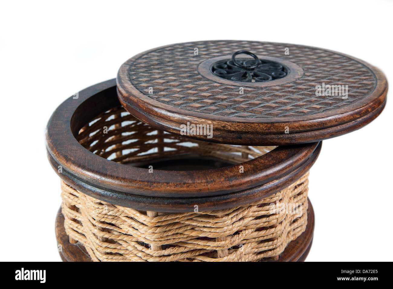 Vintage round wooden and wicker decorative case Stock Photo Alamy