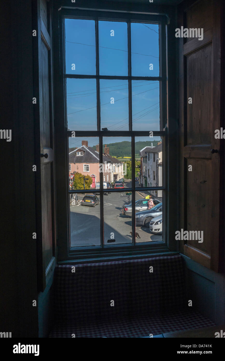 Salop Street viewed from the bar at The Castle Hotel, Bishop's Castle, Shropshire Stock Photo