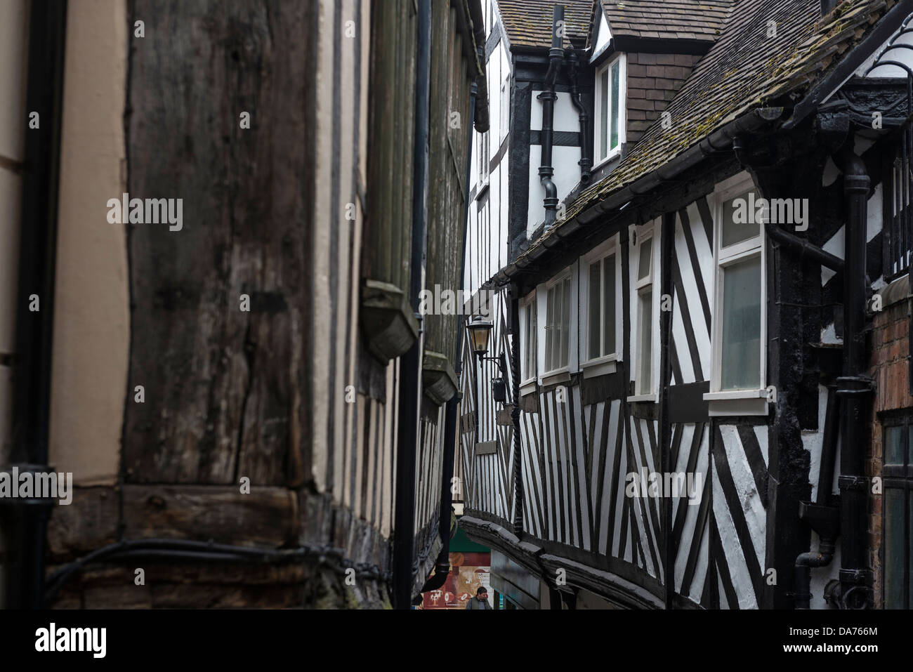 Black and White timber framed Medieval buildings along Grope Lane, Shrewsbury Stock Photo