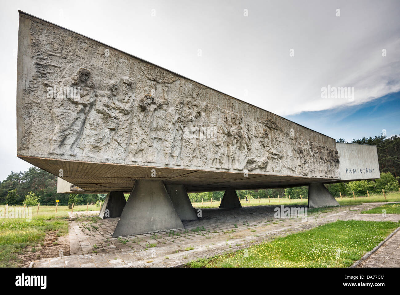 Wall of Remembrance memorial low reliefs at site of Nazi Kulmhof extermination camp near village of Chelmno nad Nerem, Poland Stock Photo
