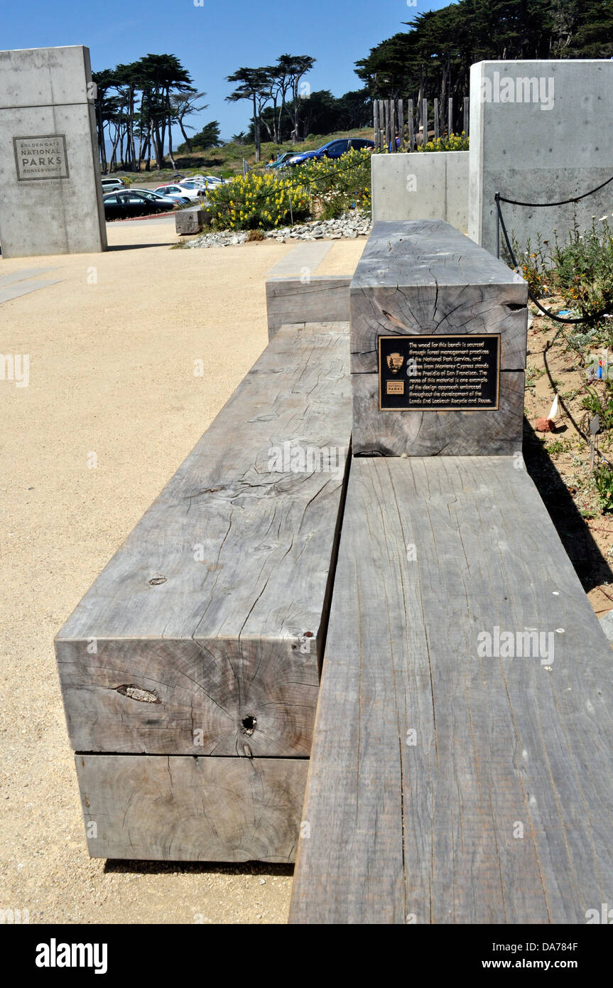 Lands End Lookout wood bench made from Monterey Cypress in Golden Gate National Recreation Area, San Francisco Stock Photo