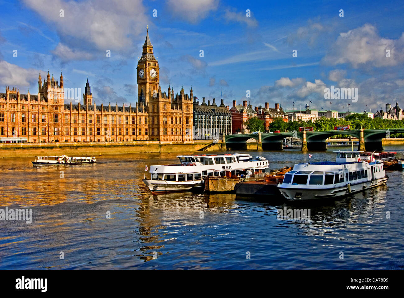 Palace of Westminster and Big Ben overlook the River Thames in central London Stock Photo