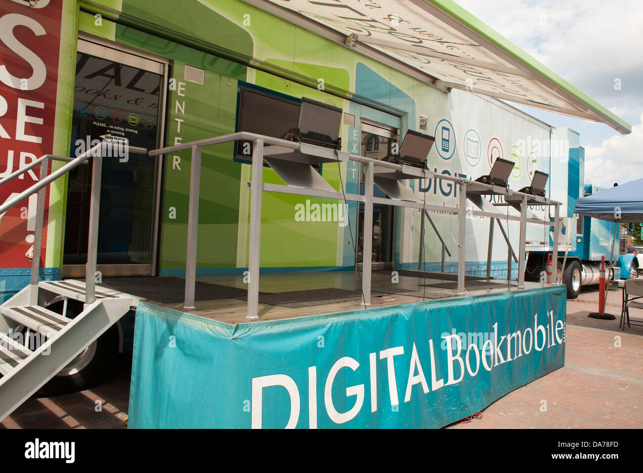The Overdrive Digital Bookmobile is a 74-foot, 18-wheel tractor-trailer high-tech update of the traditional bookmobile. Stock Photo