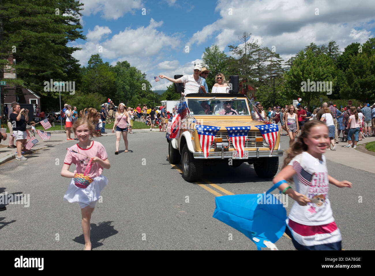 The 4th of July celebration in Williamstown Massachusetts includes a parade and a float by  the Williamstown theater Festival. Stock Photo