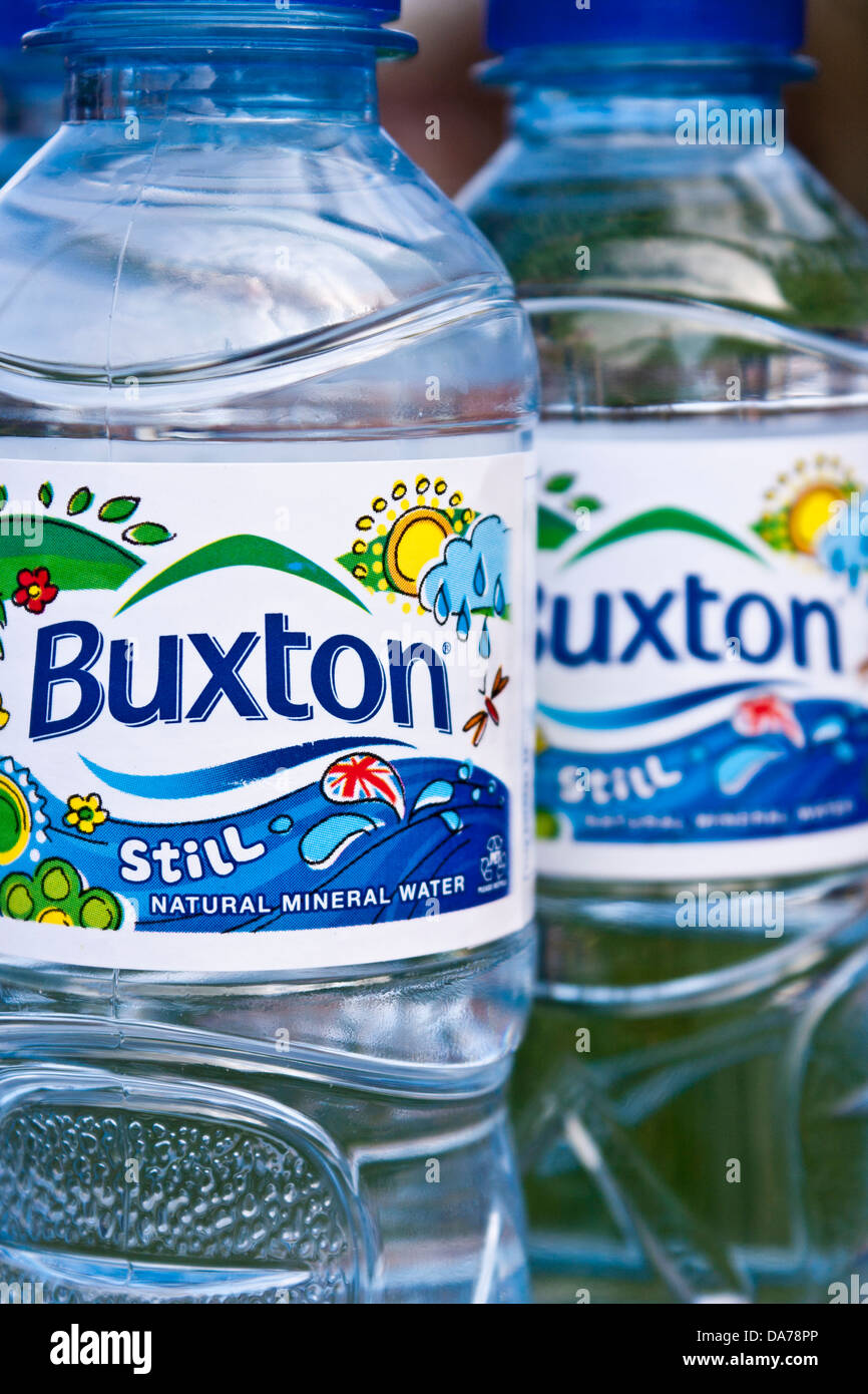 Close-up of two still natural mineral water bottles. Detail and focus on one label. Stock Photo