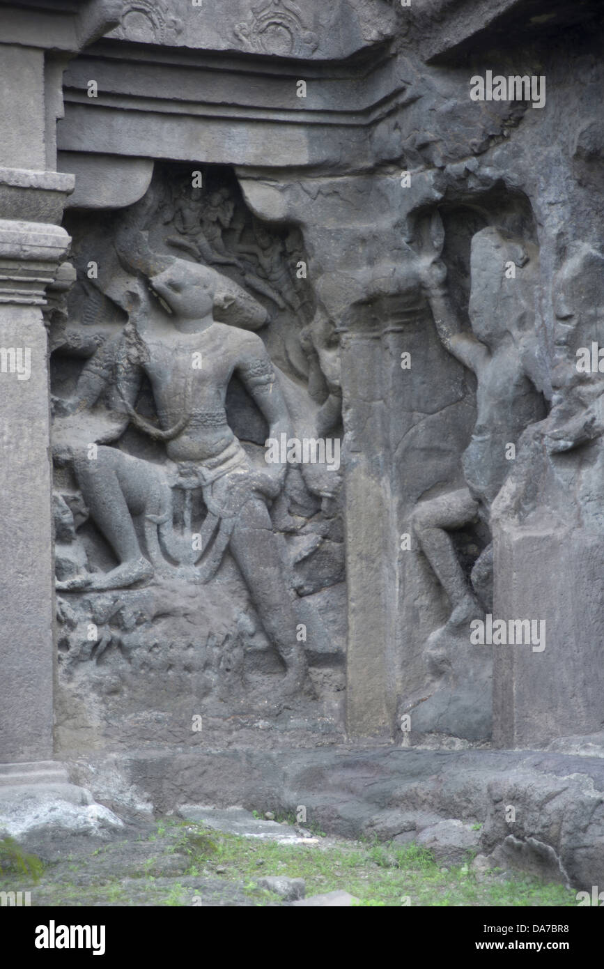 Cave 16 : Right side of the facade of rock-cut temple showing Boar Incarnation of Lord Vishnu. Kailasa, Ellora Maharashtra. Stock Photo