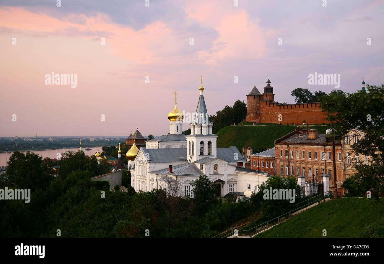 Evening view Church of Elijah the Prophet and Kremlin Nizhny Novgorod Russia Stock Photo
