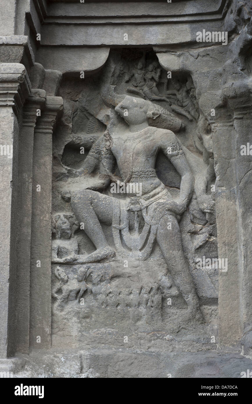Cave No 16 : Lord Vishnu in the form of (Varaha Avatara) i.e. Boar Incarnation, on the entrance of rock-cut temple, Kailasa Stock Photo