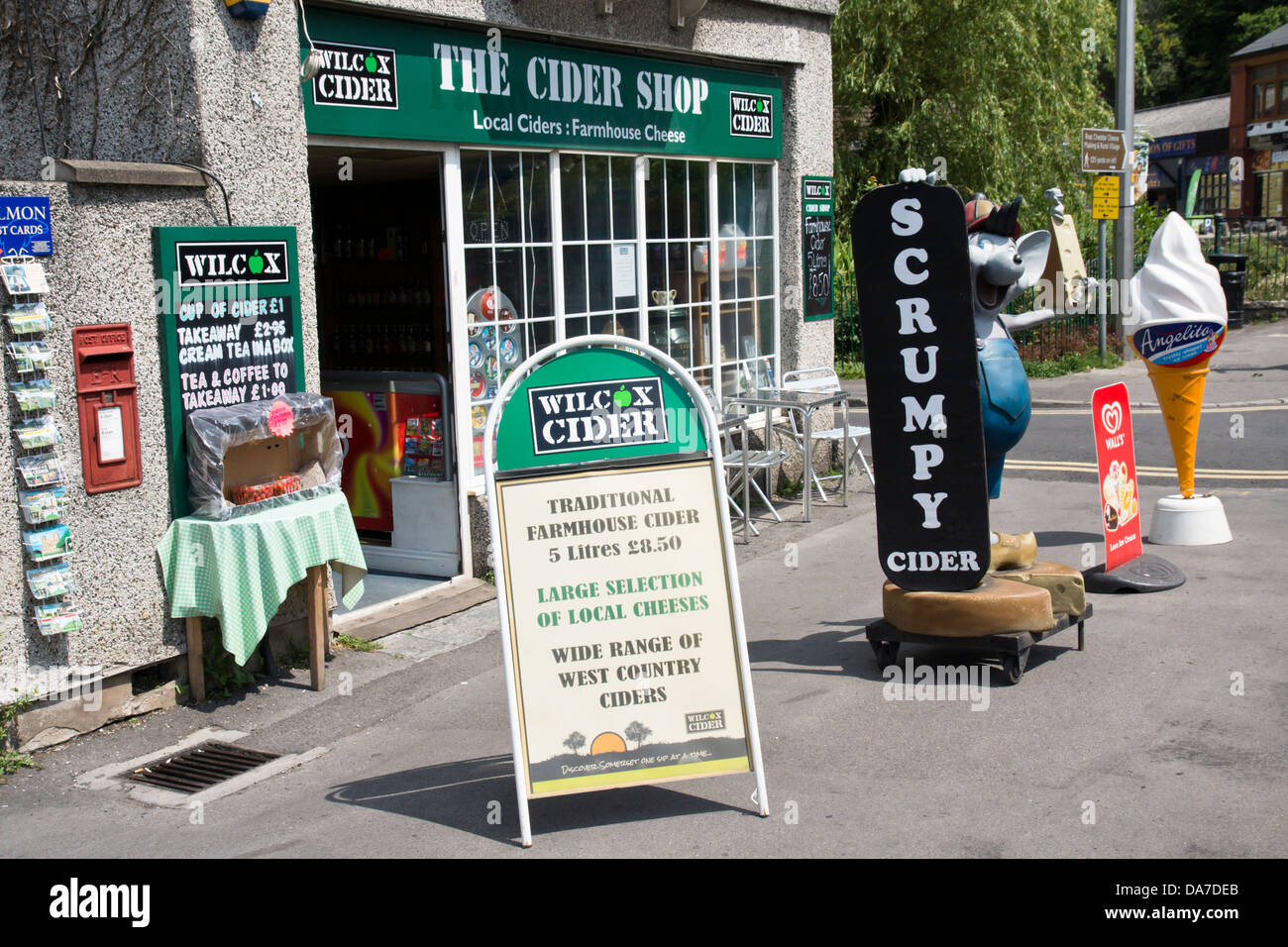 Cheddar is a small village in Somerset. The Gorge and Caves are famous tourist attractions. The Cider shop. Stock Photo