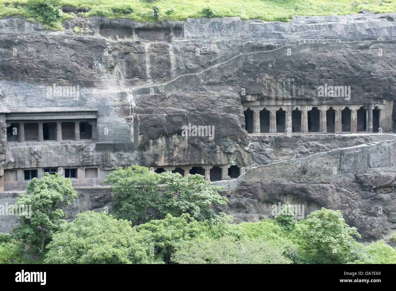 General-View of cave Nos. 4, 5 and double storey No.6 at Ajanta, Maharashtra, These Mahayana caves are dated to 5th.century A.D. Stock Photo