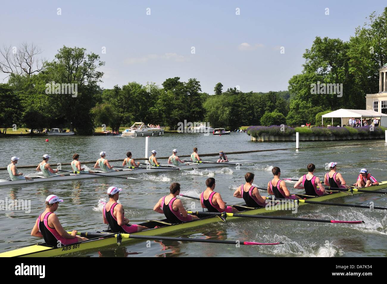 Henley on Thames, UK. 5th July, 2013. Henley Royal Regatta.  The Princess Elizabeth Challenge Cup (JM8+) start  passing  Temple Island behind .Abbingdon  School (1290 beat Eton College (1390 by 2 3/4 lengths to the finish   n the  1/4 finals on Friday.  Photo Wendy Johnson/Alamy Live News Stock Photo