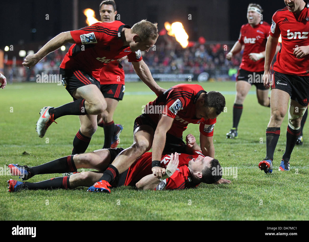Christchurch, New Zealand. 5th July, 2013. Ryan Crotty and Israel Dagg celebrate a try. Crusaders versus Chiefs. Investec Super 15 Rugby Season. AMI Stadium, Christchurch, New Zealand. Credit:  Action Plus Sports Images/Alamy Live News Stock Photo