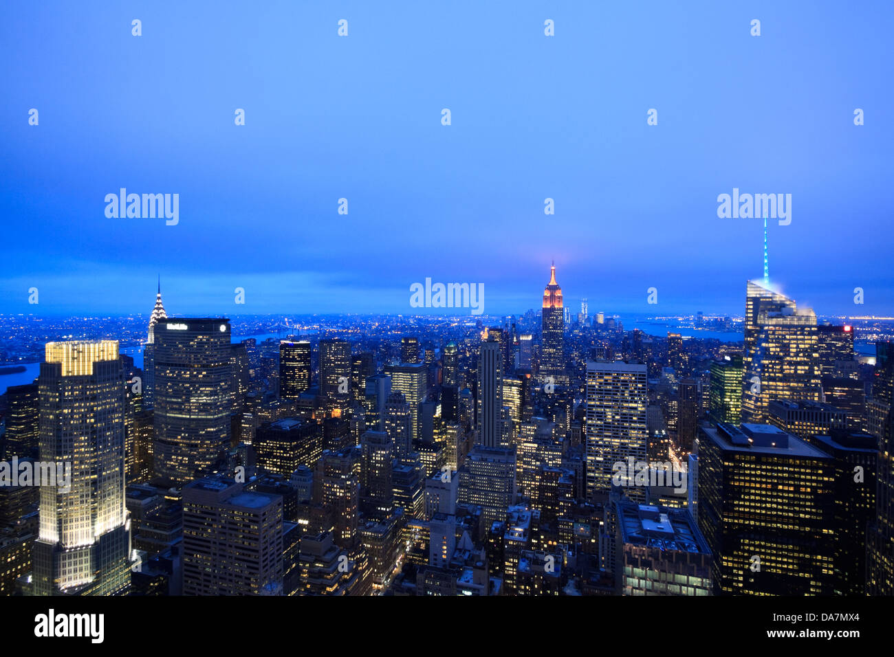 Empire State Building and the Manhattan skyline during twilight as viewed from the Top of the Rock observation deck Stock Photo