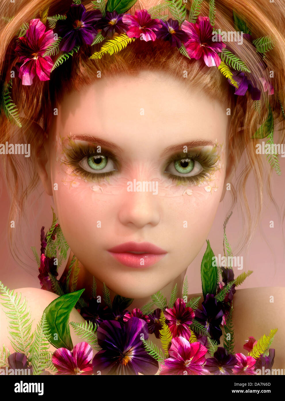 3d computer graphics of a Girl with colored flowers Stock Photo