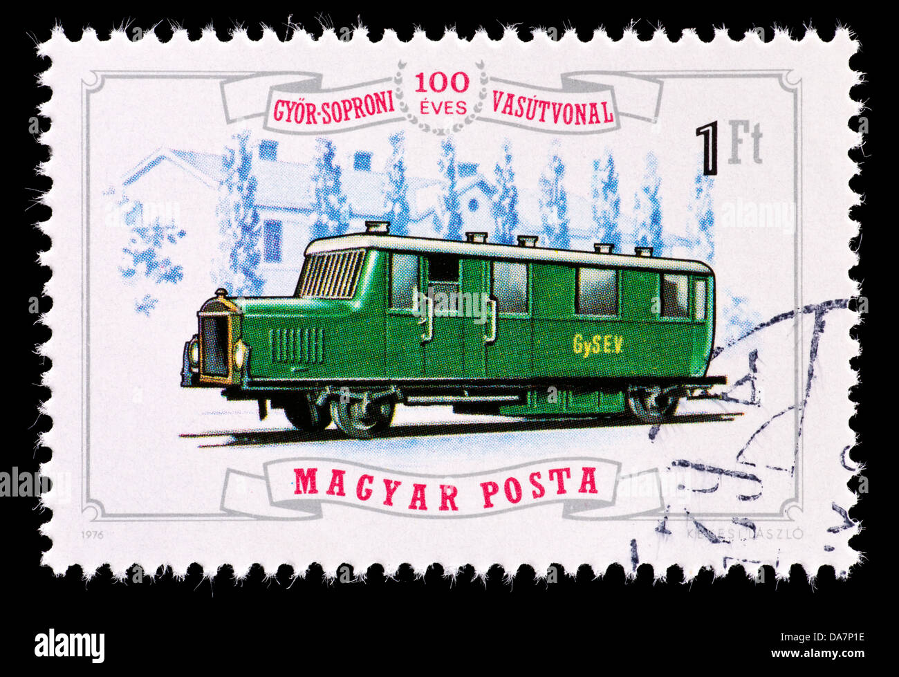 Postage stamp from Hungary depicting a 1925 Railbus, Fertoszentmiklos Station, Gyor-Sopron railroad station centennial. Stock Photo