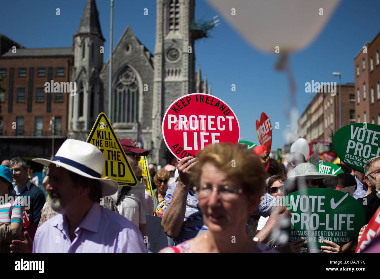 Pro Life (anti abortion) campaigners rallied in Dublin City centre against the abortion bill being discussed and voted for currently in the Houses of the Oireachtas (Irish Parliament). 6th of July 2013, Dublin, Ireland. Stock Photo