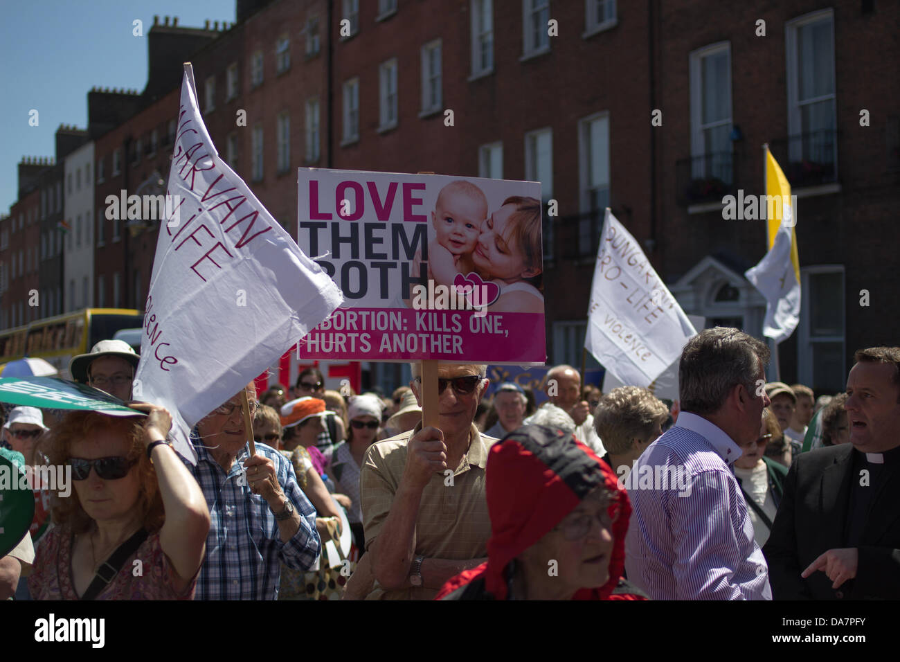 Pro Life (anti abortion) campaigners rallied in Dublin City centre against the abortion bill being discussed and voted for currently in the Houses of the Oireachtas (Irish Parliament). 6th of July 2013, Dublin, Ireland. Stock Photo