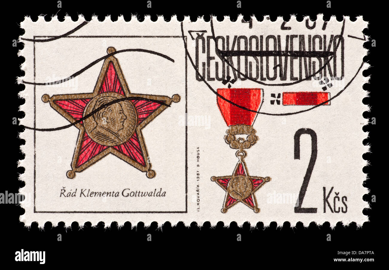 Postage stamp from Czechoslovakia depicting the state award of the Order of Klement Gottwald. Stock Photo