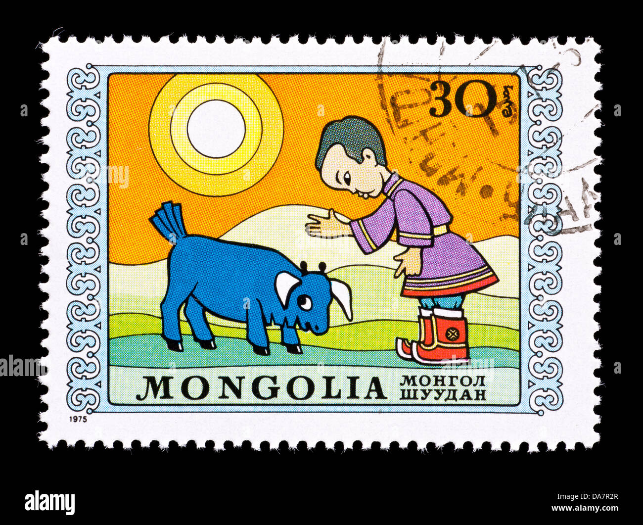 Postage stamp from Mongolia depicting a boy and a disobedient bull calf. Stock Photo