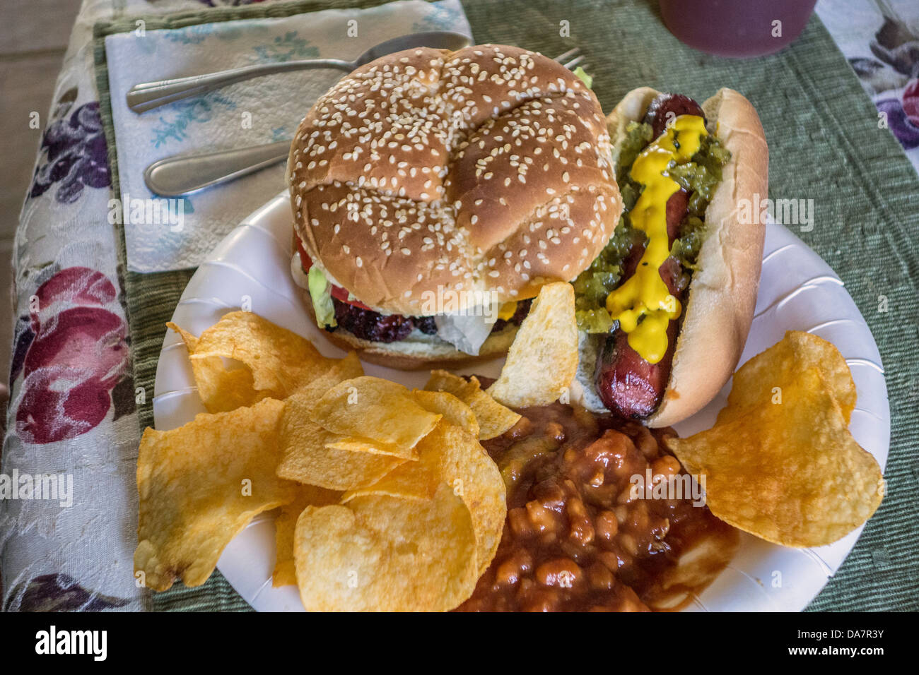 Barbeque hamburgers and hot dogs, cooked outdoors and eaten inside on paper plates. USA. Stock Photo
