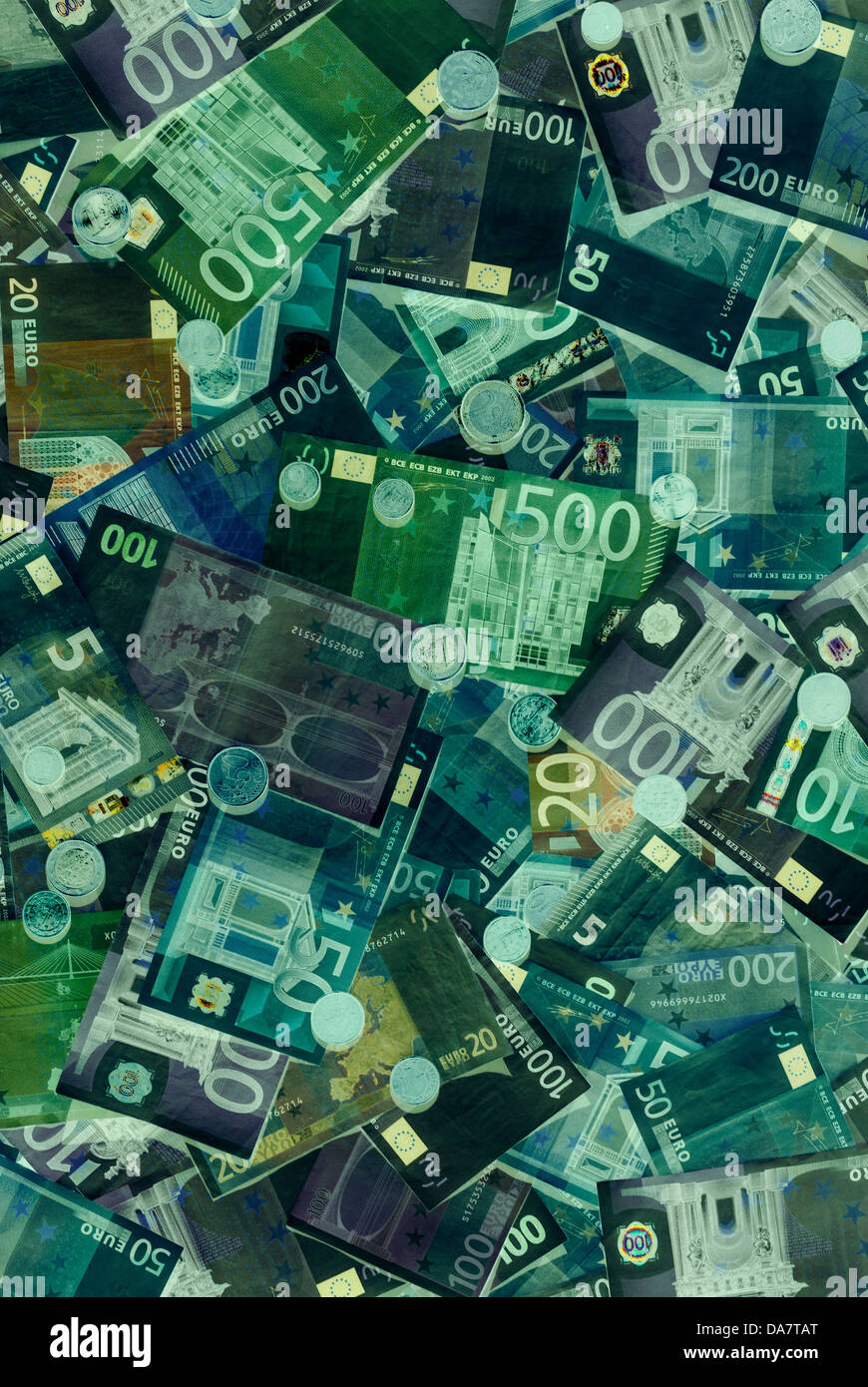 Euro BIlls Vertical Background with X-Ray Similar Colors Stock Photo