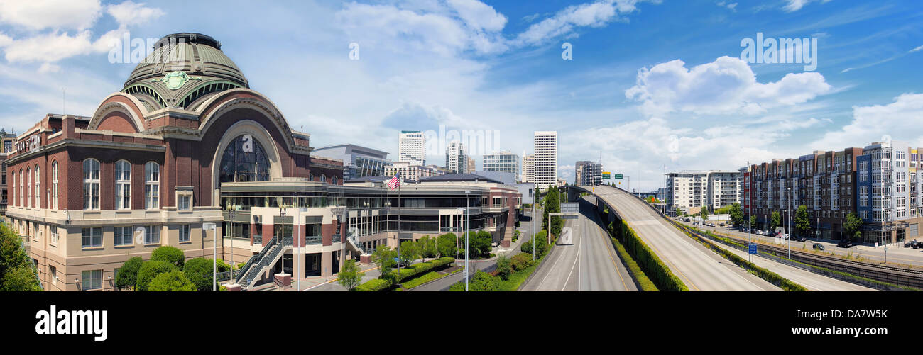 Freeways to City of Tacoma Washington with Union Station Federal Courthouse with Blue Sky and Clouds Panorama Stock Photo