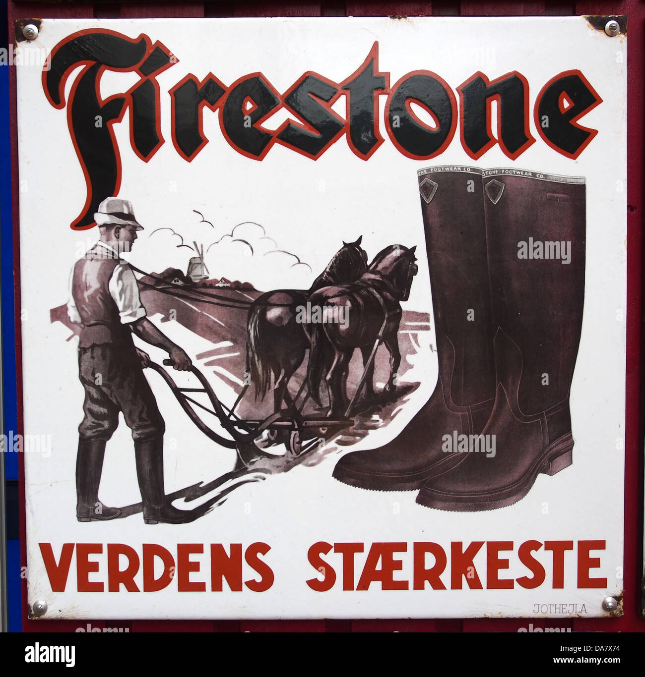 Old Danish enamel advertising sign, Firestone verdens staerkeste Stock Photo