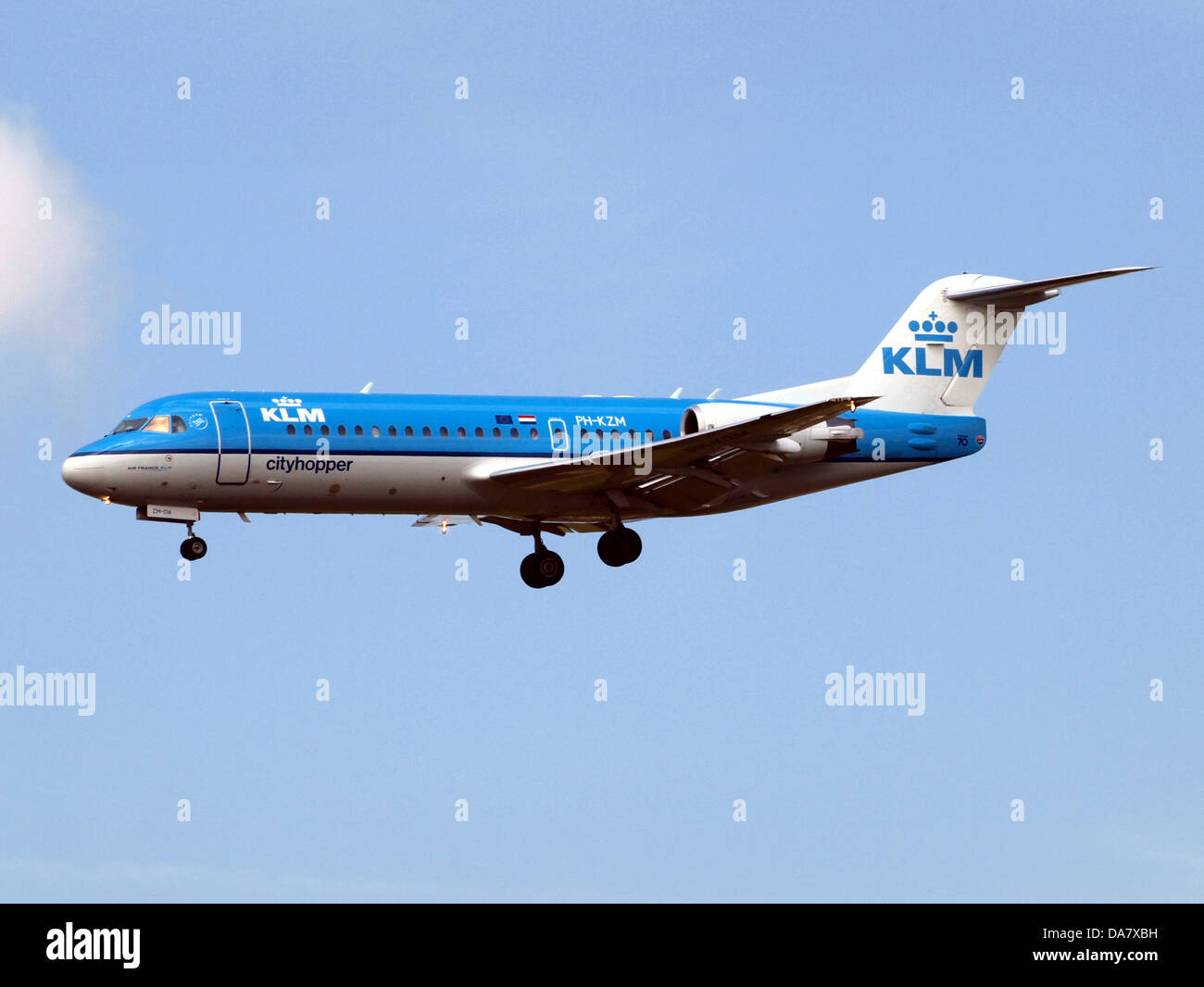 The PH-KZM Fokker 70 is a regional jet operated by KLM, used for shorter domestic and European routes. Known for its efficiency, it serves as a reliable aircraft for KLM’s regional operations, often seen at Schiphol Airport in Amsterdam. Stock Photo