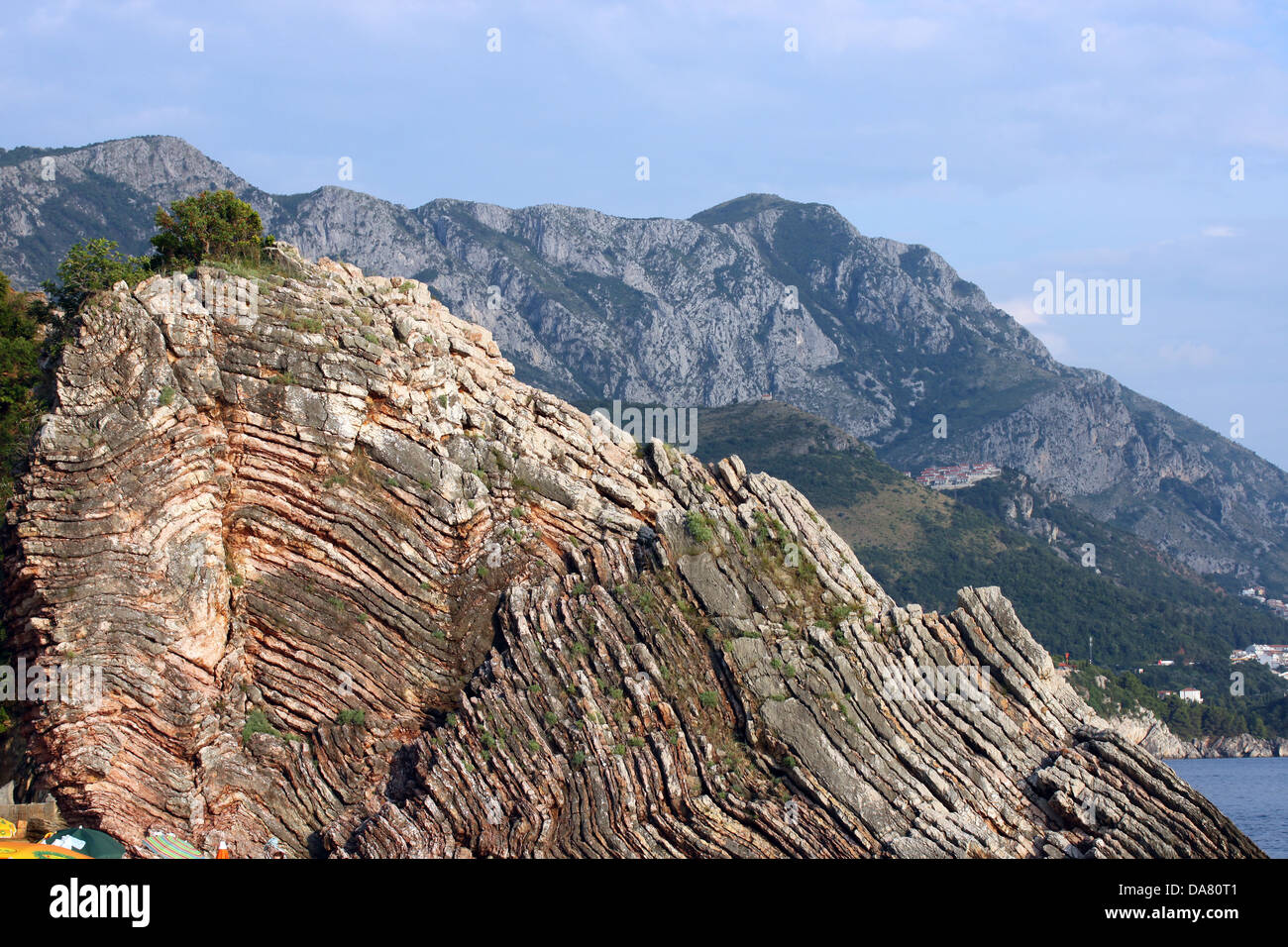 This is a closeup shot of some old cliff on the sea coast in Montenegro, like nice background. Stock Photo