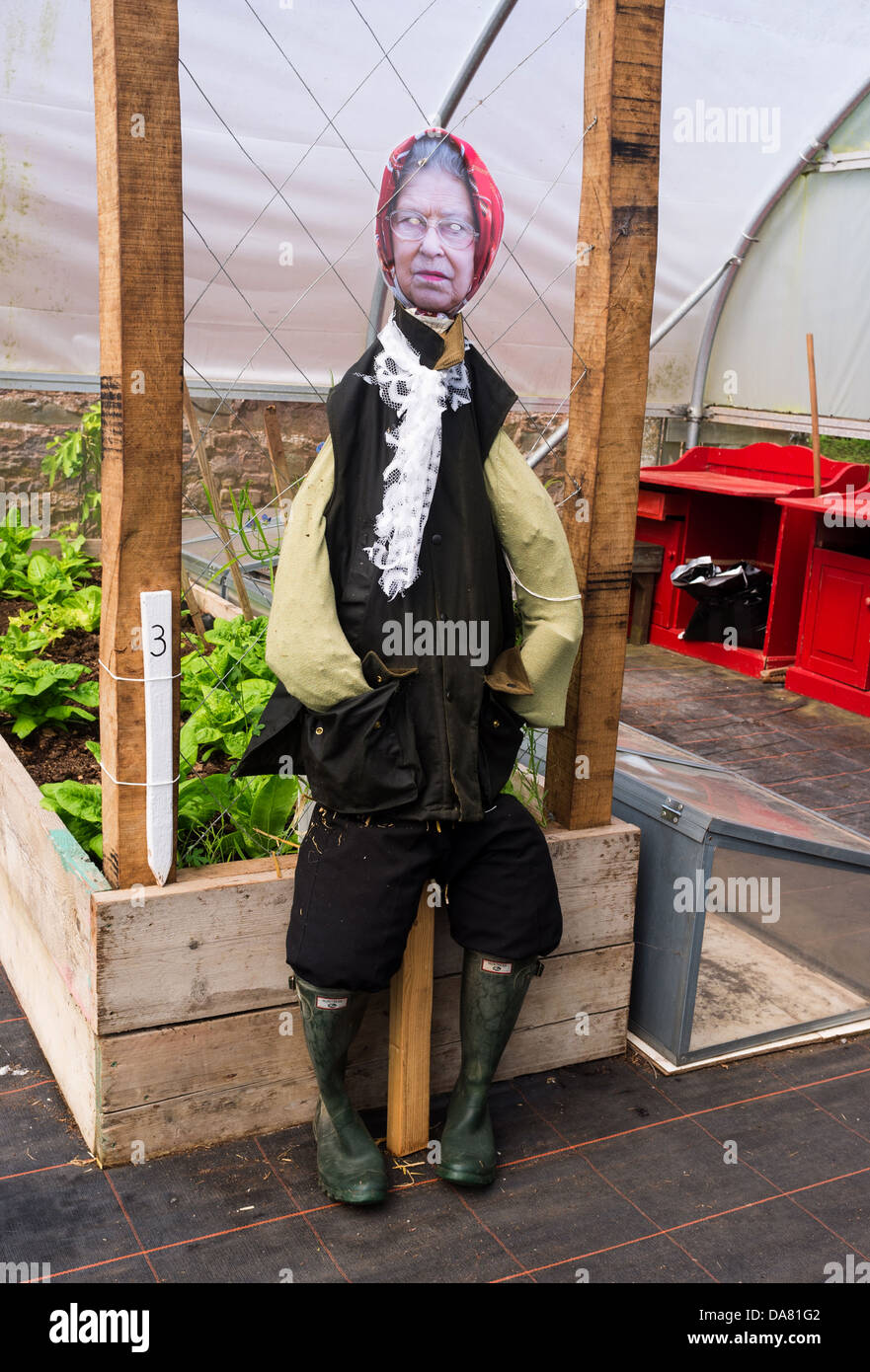 Bolham, Tiverton, Devon, UK. A scarecrow in a greenhouse at Knightshayes Court made to look like the Queen of England. Stock Photo