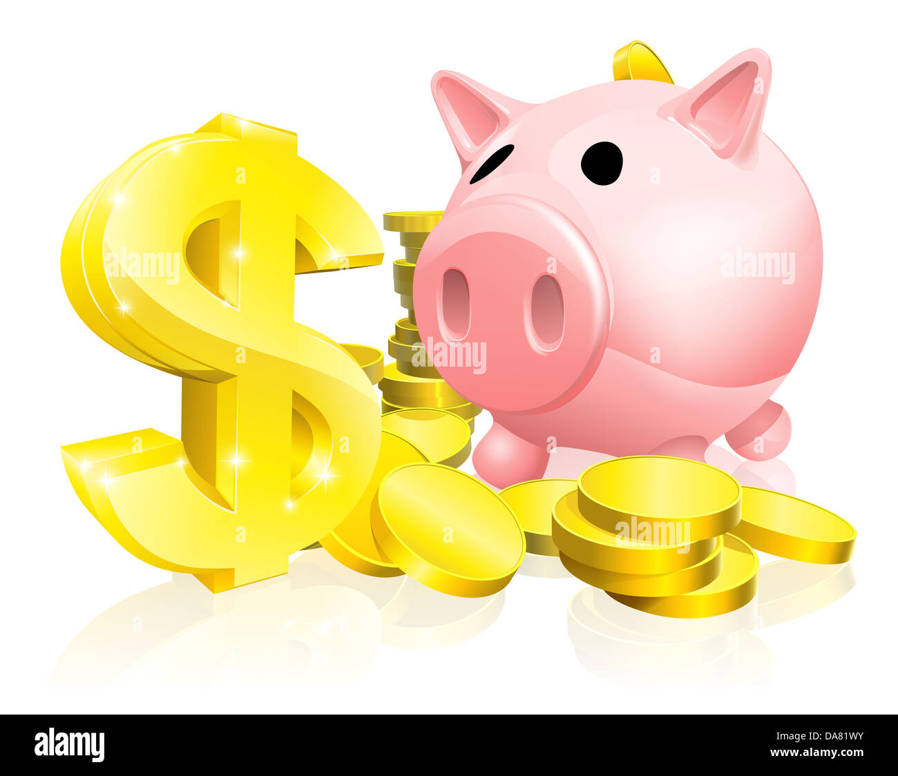 Illustration of a pink piggy bank with lots of gold coins and a big