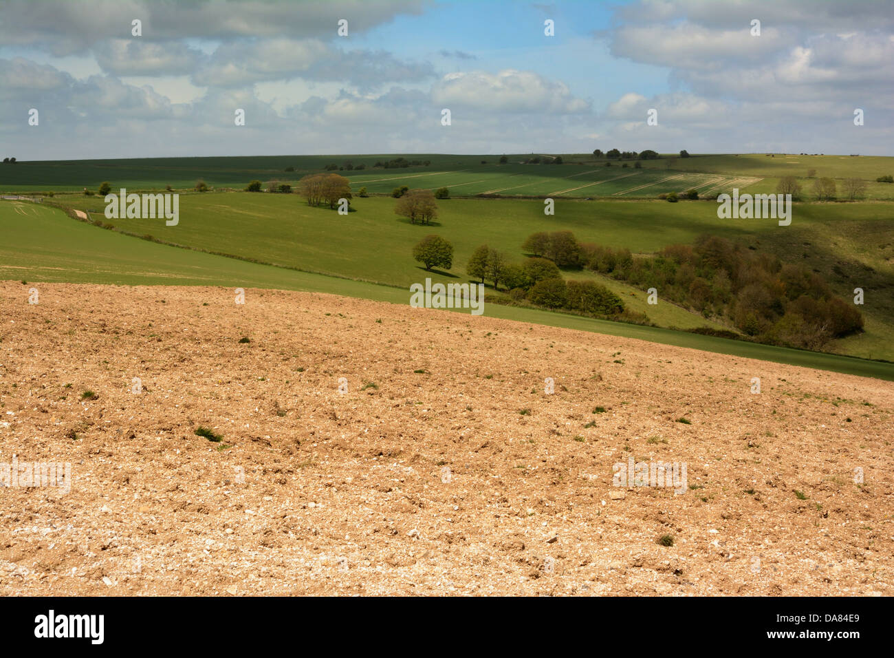 A view north west across to the picturesque Steyning Bowl in the South Downs National Park in West Sussex. Stock Photo