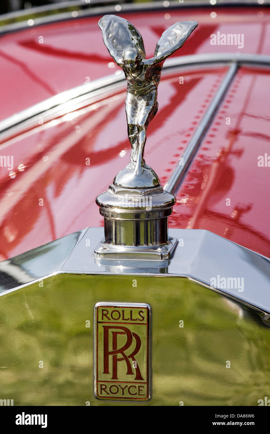 Front hood Ornament on a classic Rolls Royce and front RR Badge Stock Photo