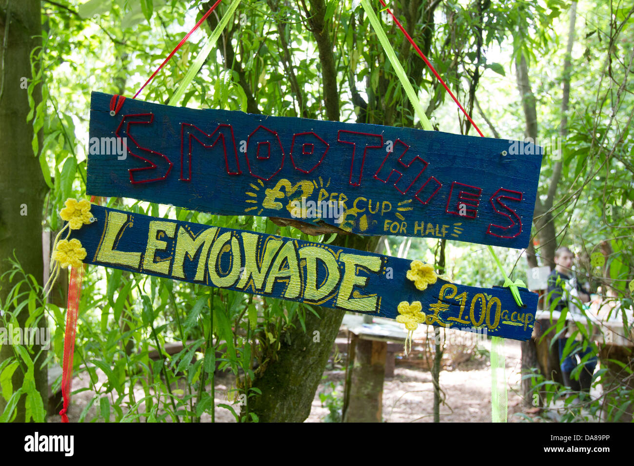 Smoothies and Lemonade sign in the green field, Glastonbury Festival