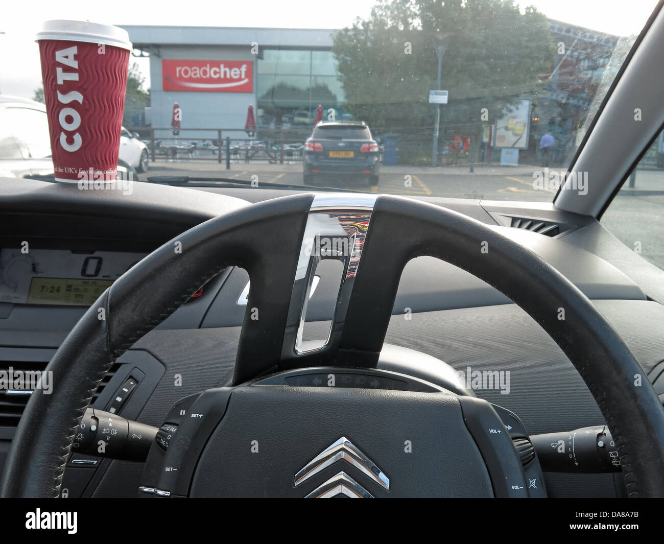 A takeaway cup of Costa coffee at the Roadchef motorway services M5 Strensham southbound Stock Photo