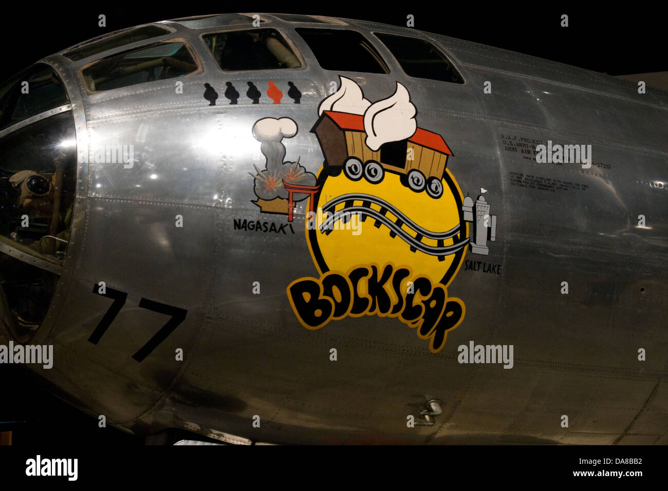 Nose art of Bocks Car B29 Superfortress Atomic Bomber at the USAF museum Wright-Patterson Air Force Base Dayton Ohio OH USA Stock Photo