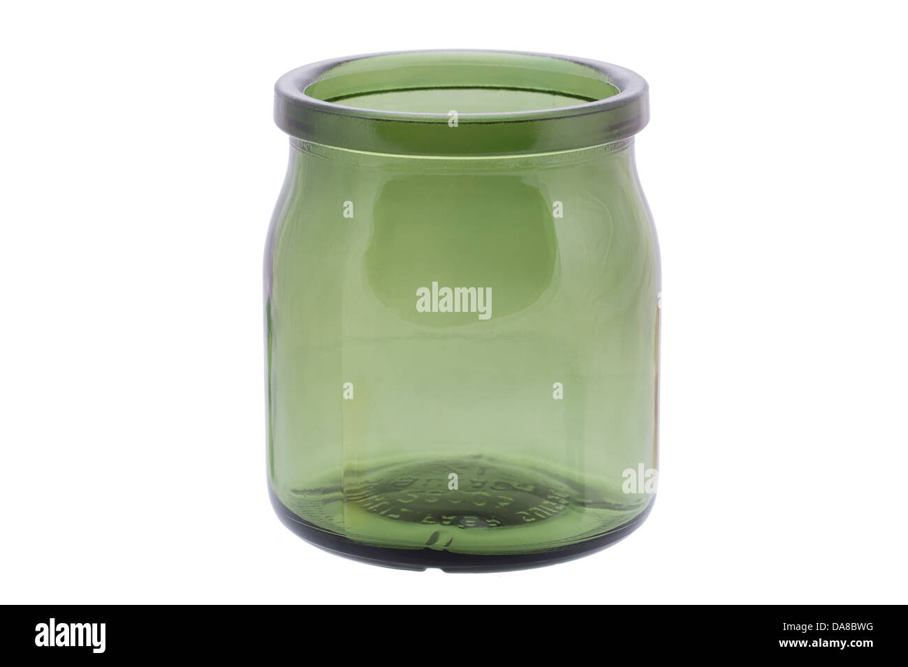 Empty green glass jar isolated on white background close up. Stock Photo