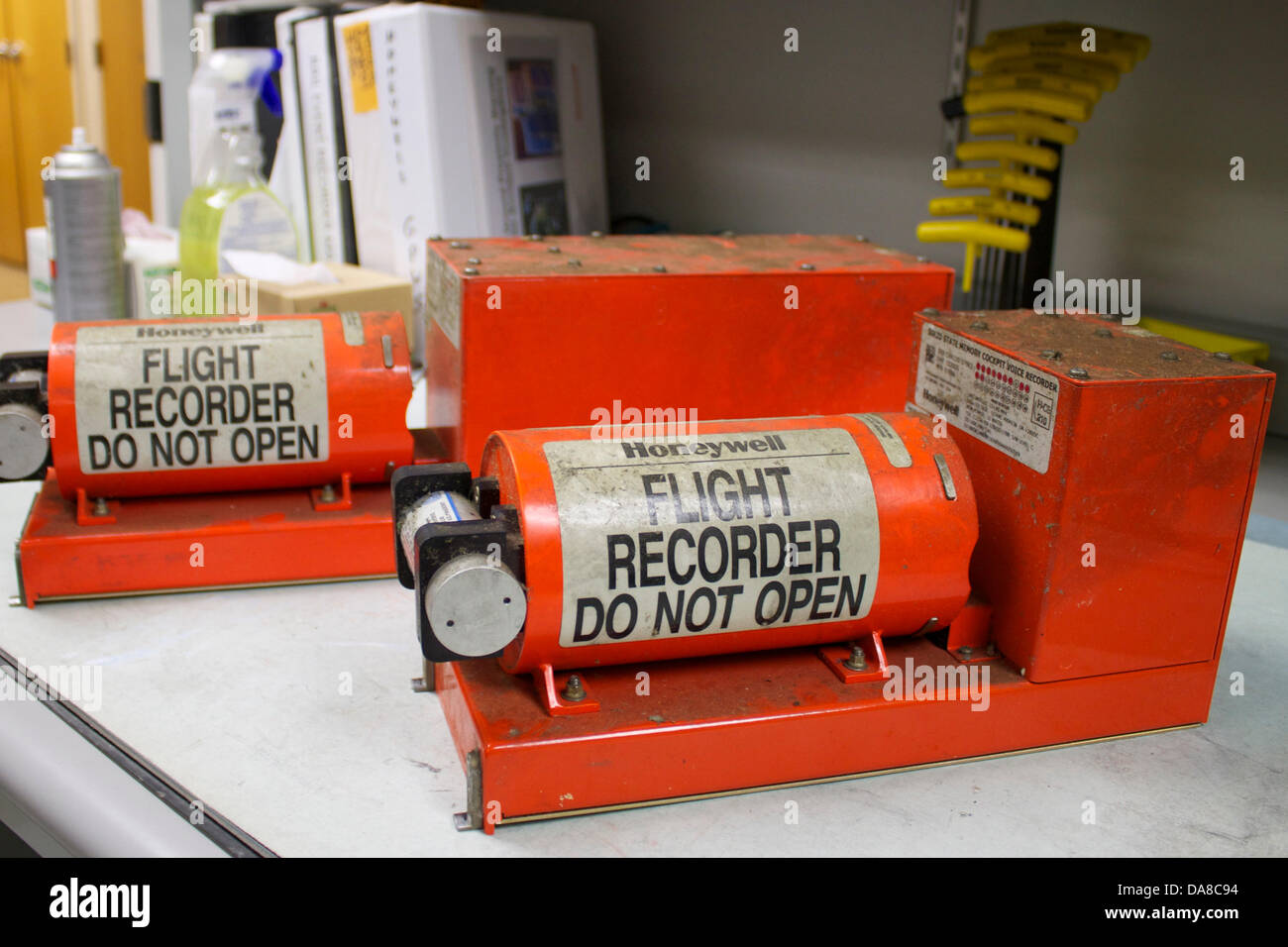 The Asiana Flight 214 flight data recorder, left, and the cockpit voice recorder, right, in the NTSB laboratory July 7, 2013 in Washington. Stock Photo