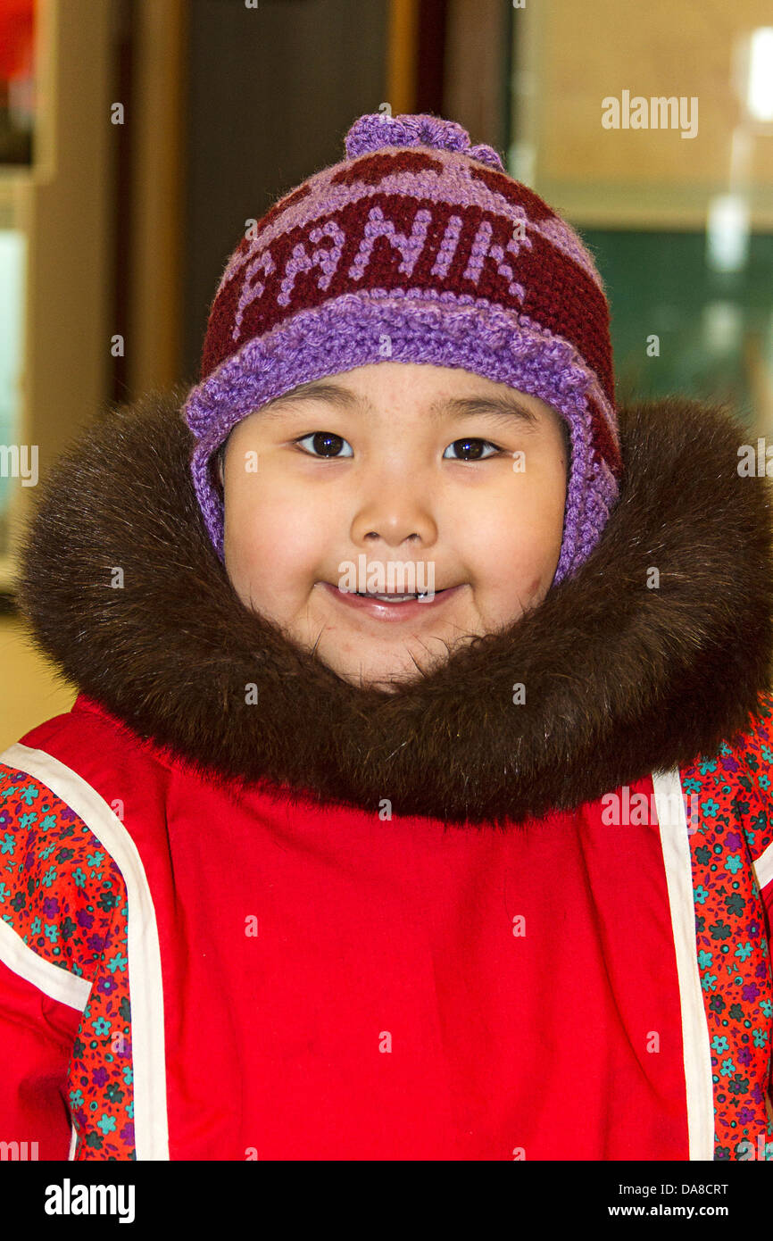 Little Inuit (Eskimo) girl, about four years old, in a traditional Inuit parka, in Churchill, Manitoba, Canada Stock Photo