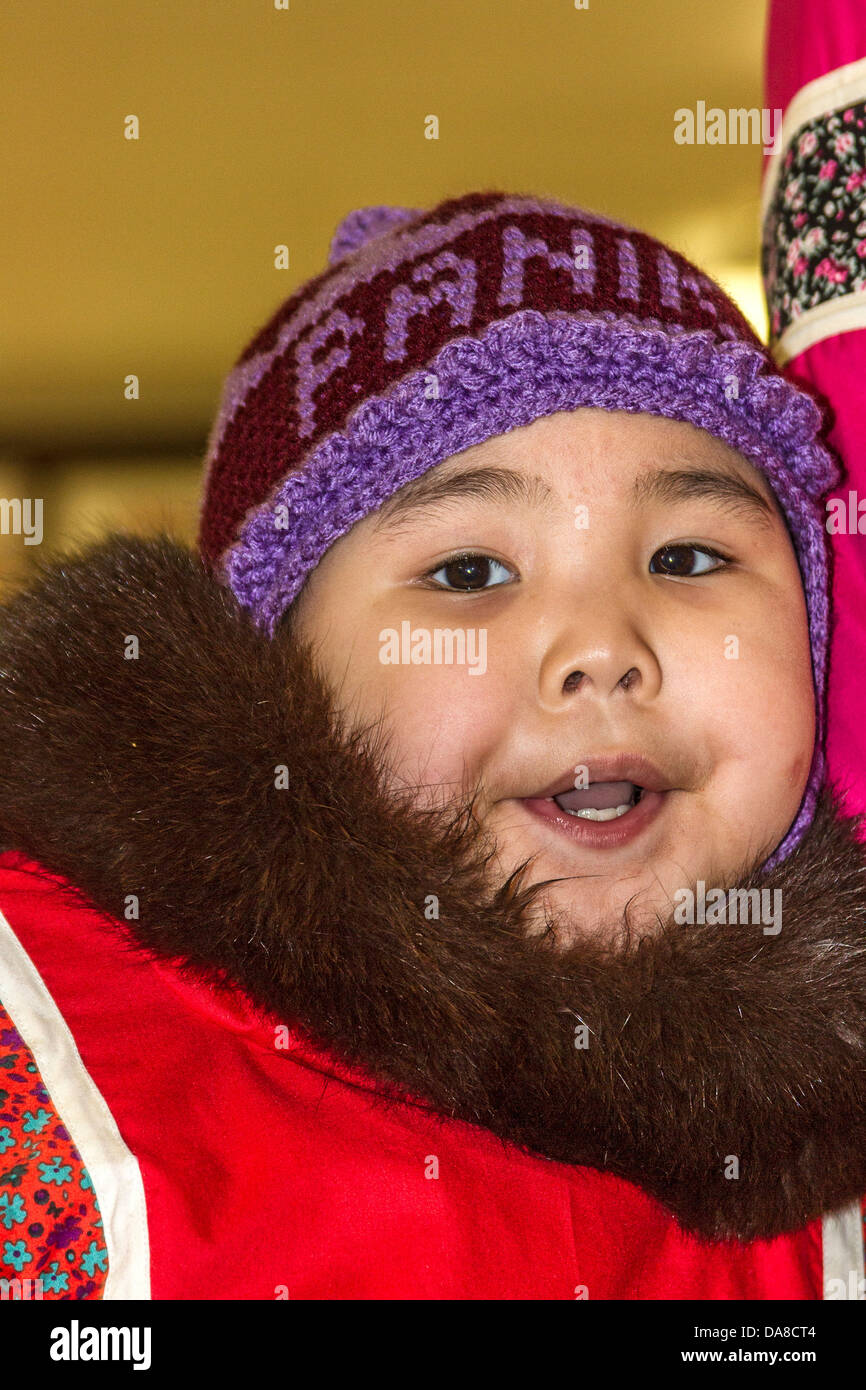 Little Inuit (Eskimo) girl, about four years old, in a traditional Inuit parka, in Churchill, Manitoba, Canada Stock Photo