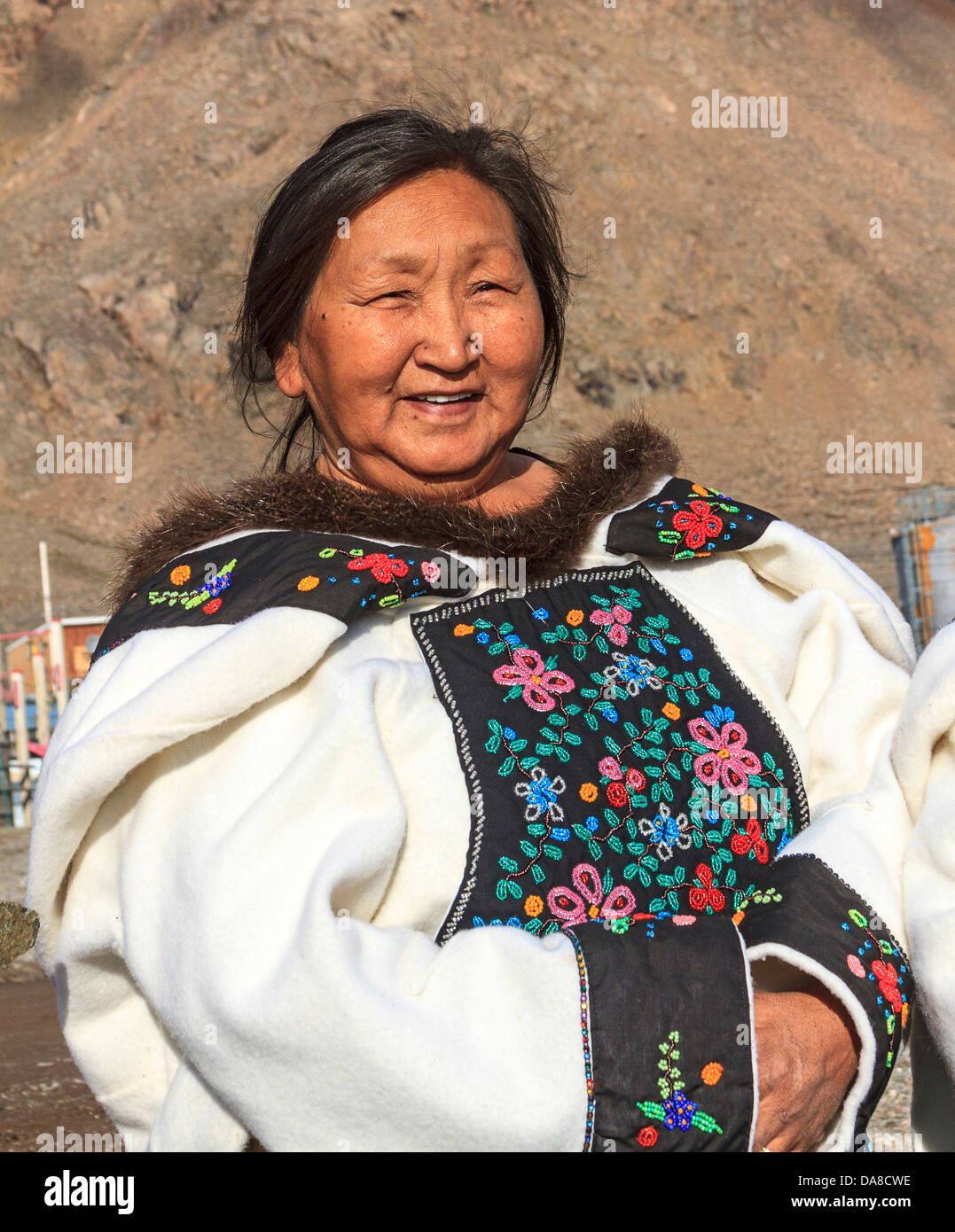 Inuit woman of Grise Fjord in traditional clothing. Ellsmere Island, Canada Stock Photo